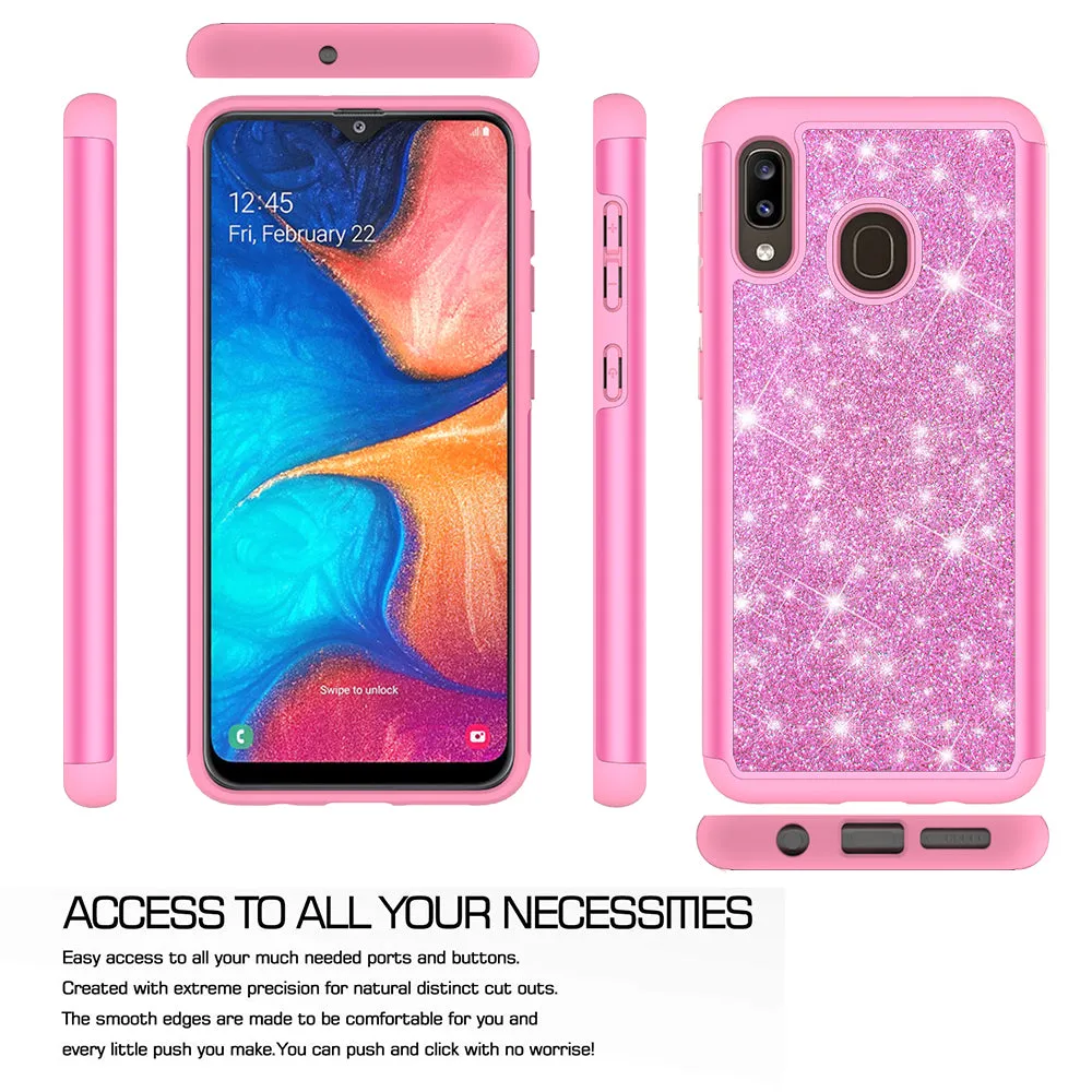 Samsung Galaxy A20 Case, Glitter Bling Heavy Duty Shock Proof Hybrid Case with [HD Screen Protector] Dual Layer Protective Phone Case Cover for Samsung Galaxy A20 - Hot Pink