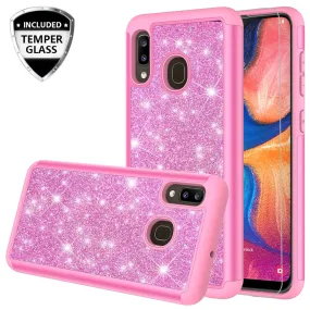 Samsung Galaxy A20 Case, Glitter Bling Heavy Duty Shock Proof Hybrid Case with [HD Screen Protector] Dual Layer Protective Phone Case Cover for Samsung Galaxy A20 - Hot Pink