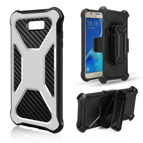 Samsung Galaxy J7 (2017) / J7 Sky Pro / J7 Perx / J7 V / J7 Prime / Galaxy Halo Case, Rugged Slim Rotating Swivel Lock Carbon Fiber Combo Clip Cover - White