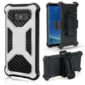 Samsung Galaxy Note 8 Case, Rugged Carbon Fiber Holster Combo Kickstand Clip Case Cover - White