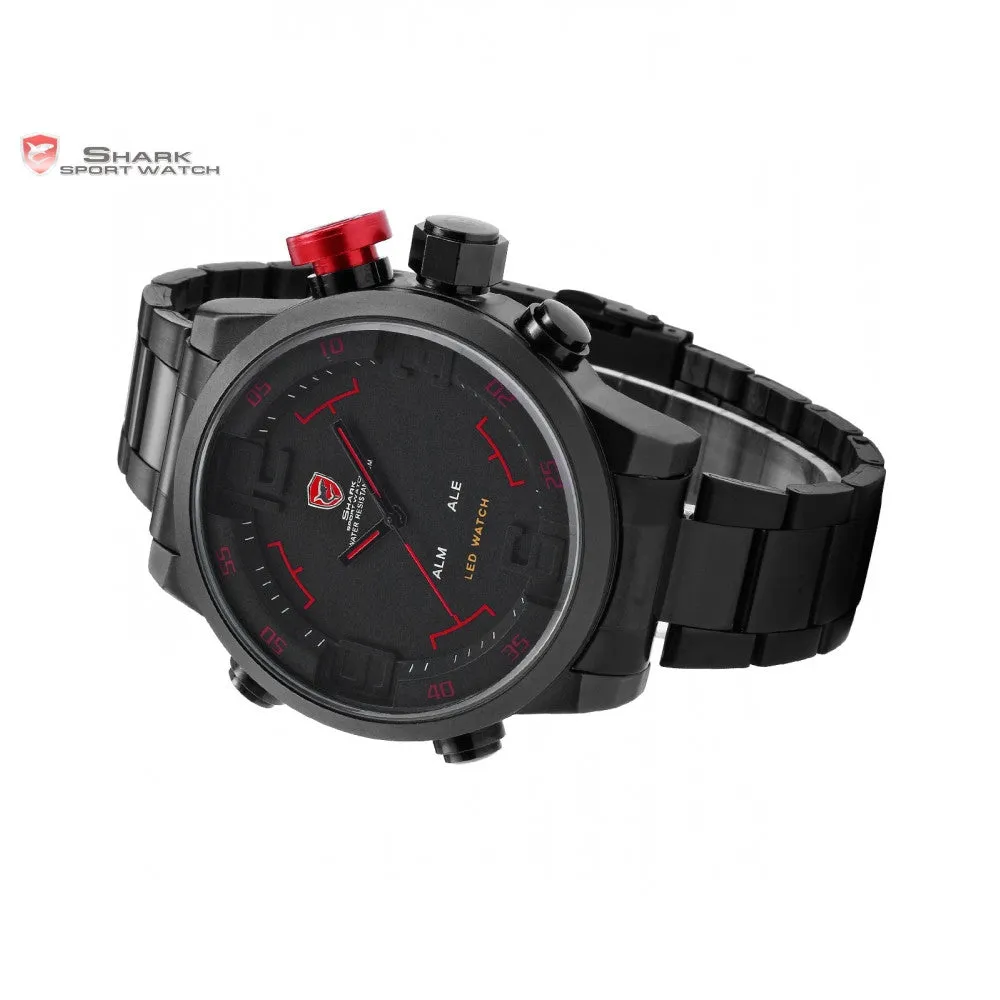 SHARK Sport Watch Analog Digital LED Stainless Full Steel Black Red Date Day Alarm Men's Outdoor Quartz Military Watches