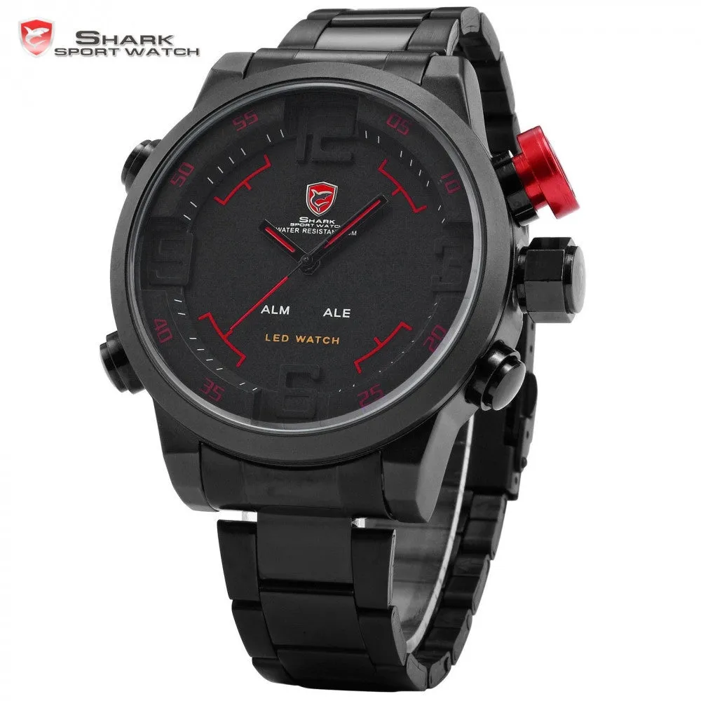 SHARK Sport Watch Analog Digital LED Stainless Full Steel Black Red Date Day Alarm Men's Outdoor Quartz Military Watches