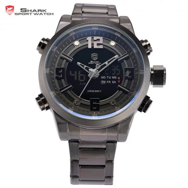 Shark Sport Watch Brand Dual Time Zone Black LCD Dial Alarm Steel Strap Relogio Quartz Digital Military Men Wristwatch