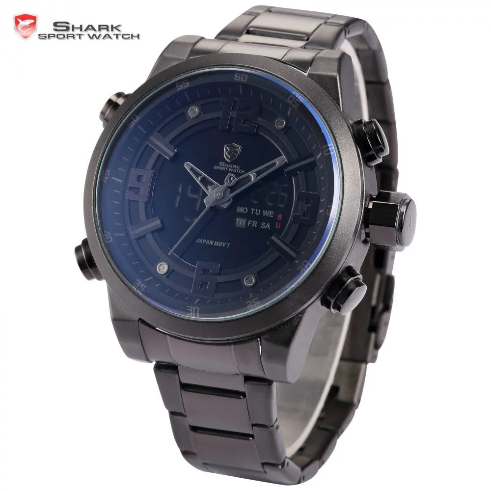 Shark Sport Watch Brand Dual Time Zone Black LCD Dial Alarm Steel Strap Relogio Quartz Digital Military Men Wristwatch