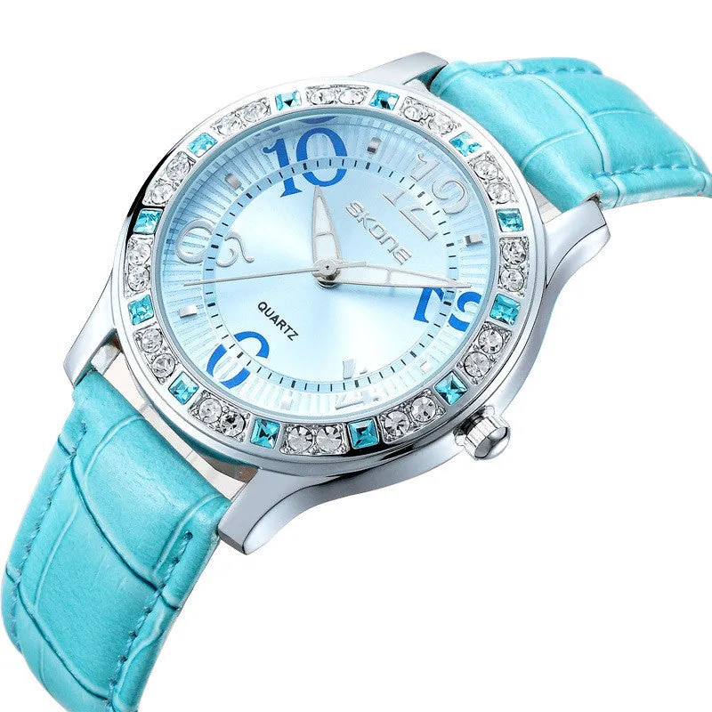 SKONE relogios femininos Fashion Rhinestone Women Wristwatch Leather strap Analog Display Quartz Watch Women Casual Watch