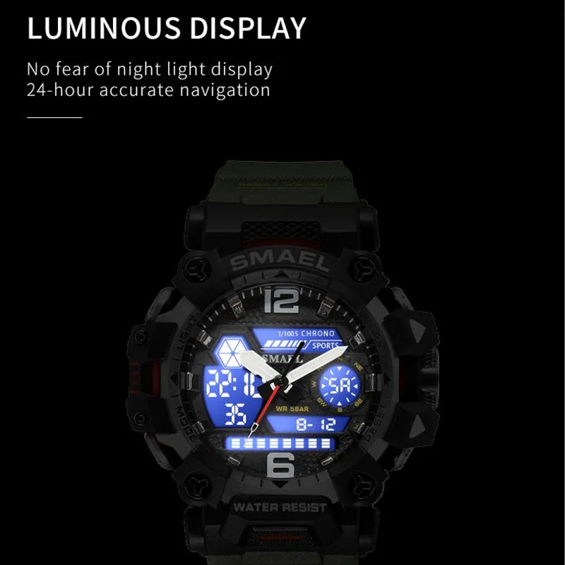 SMAEL Men Watches  50m Waterproof Sports Watch Military Man Sports Watch Digital 8072 Dual Display Watch  Quartz  Led Digital