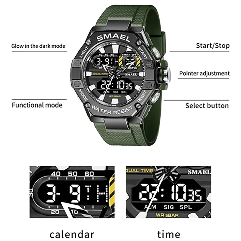 SMAEL Sport Watch for Man Dual Time Watch for Men Led Light Watch Alarm 8066 Fashion Sport  Watches Military S Shiock Wristwatch