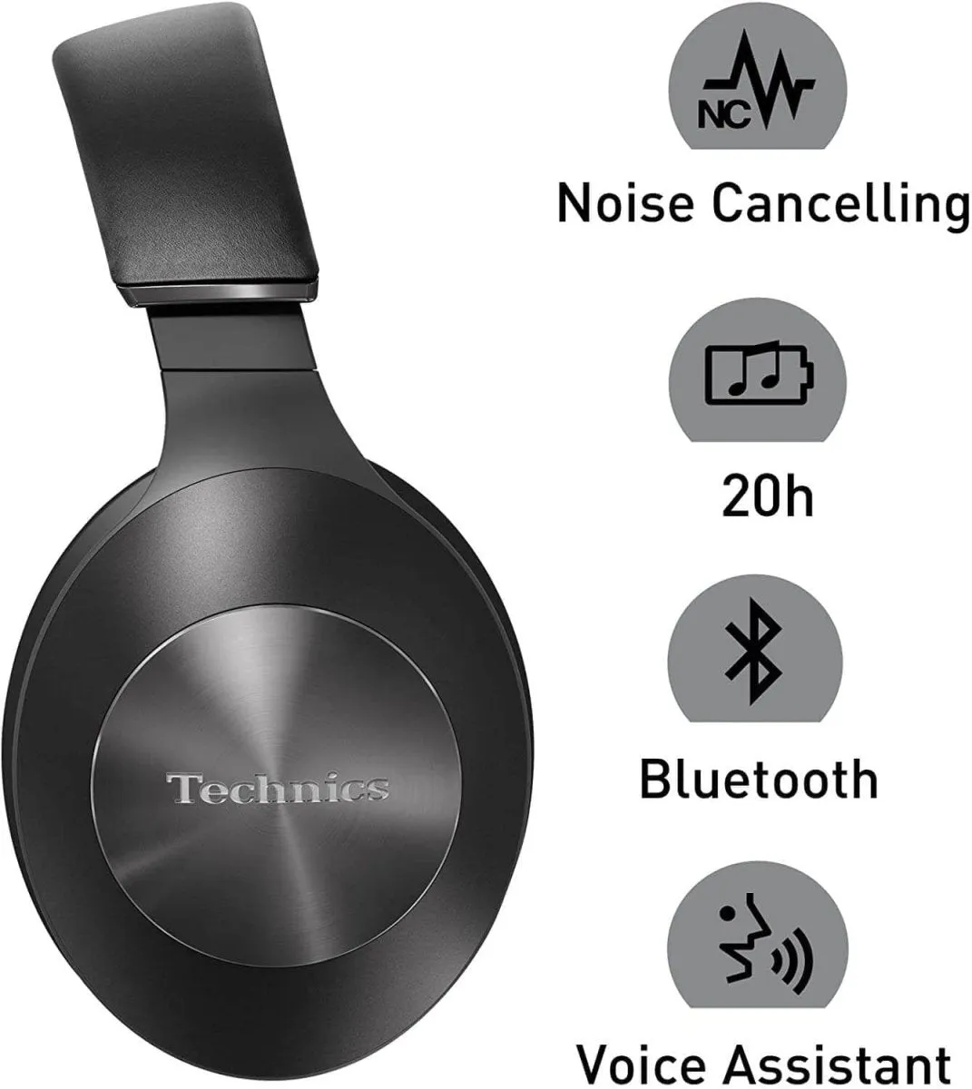 Technics EAHF70NEK Premium High-Resolution Wireless Bluetooth Over Ear Headphones with Closed Back, 3-Mode Active Noise Cancelling, Ambient Sound Enhancer and Voice Assistant - Black