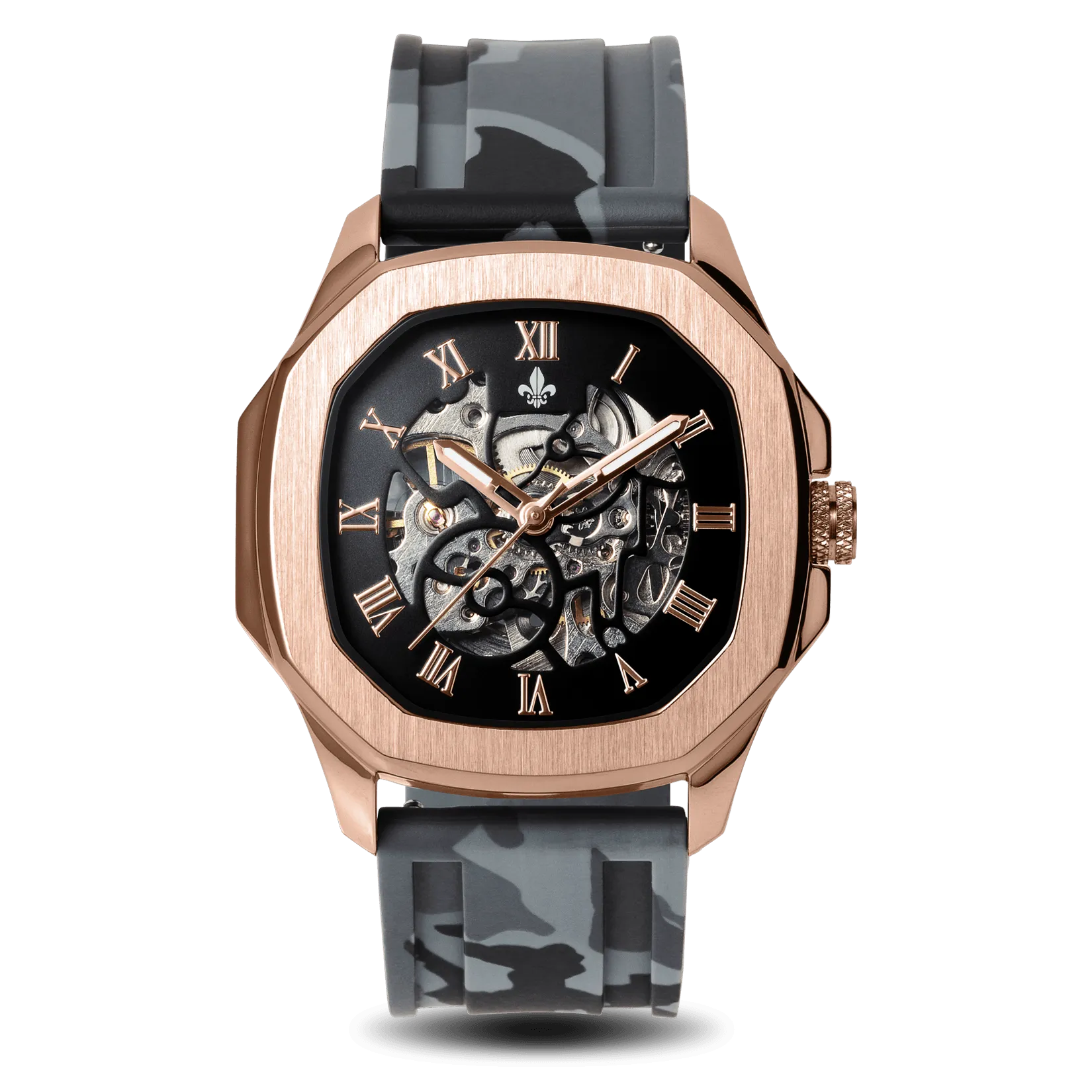 The Avalon Rose Gold   Grey Camo Strap