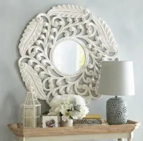 THE WOODEN SHOPPEE Handcarved Royal Round Mirror Frame | Wall Hanging for Living Room, Bedroom, Bathroom & Home Decor (Antique White Finish) 24 x 24 in / 60 x 60 cms (Without Mirror)