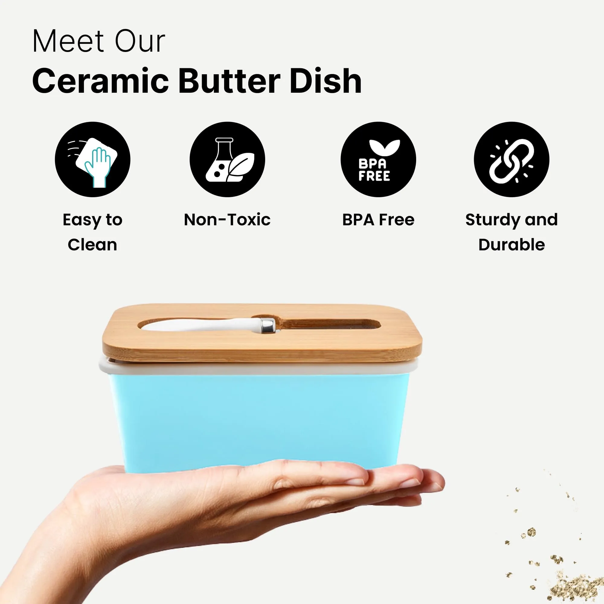 UMAI Ceramic Butter Dish with Lid & Knife (600ml) | Butter Box for Fridge | Wooden Airtight Lid with Sealed Silicone Ring | Butter Container | Cheese Box for Fridge| Butter Holder/Case (Light Blue)