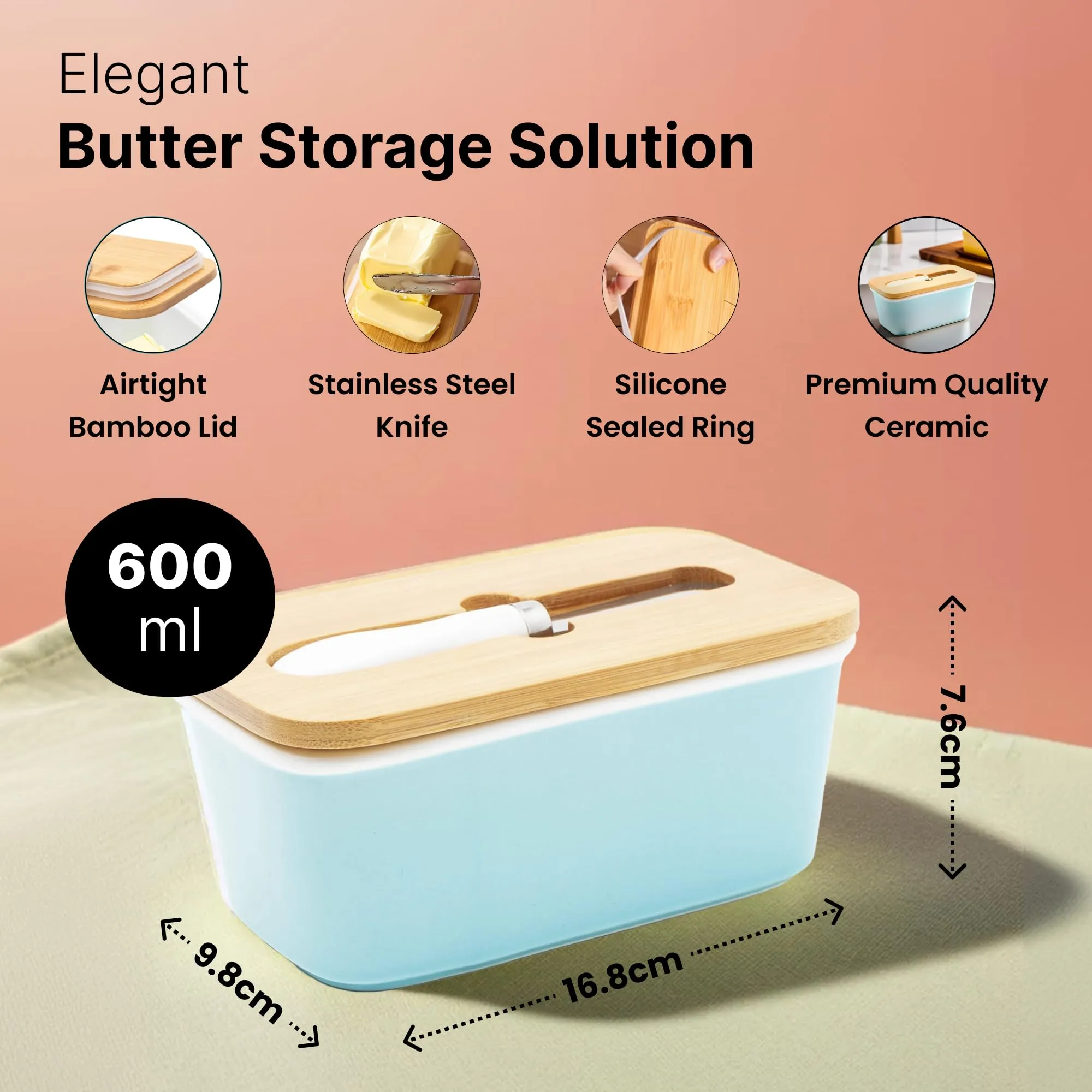 UMAI Ceramic Butter Dish with Lid & Knife (600ml) | Butter Box for Fridge | Wooden Airtight Lid with Sealed Silicone Ring | Butter Container | Cheese Box for Fridge| Butter Holder/Case (Light Blue)