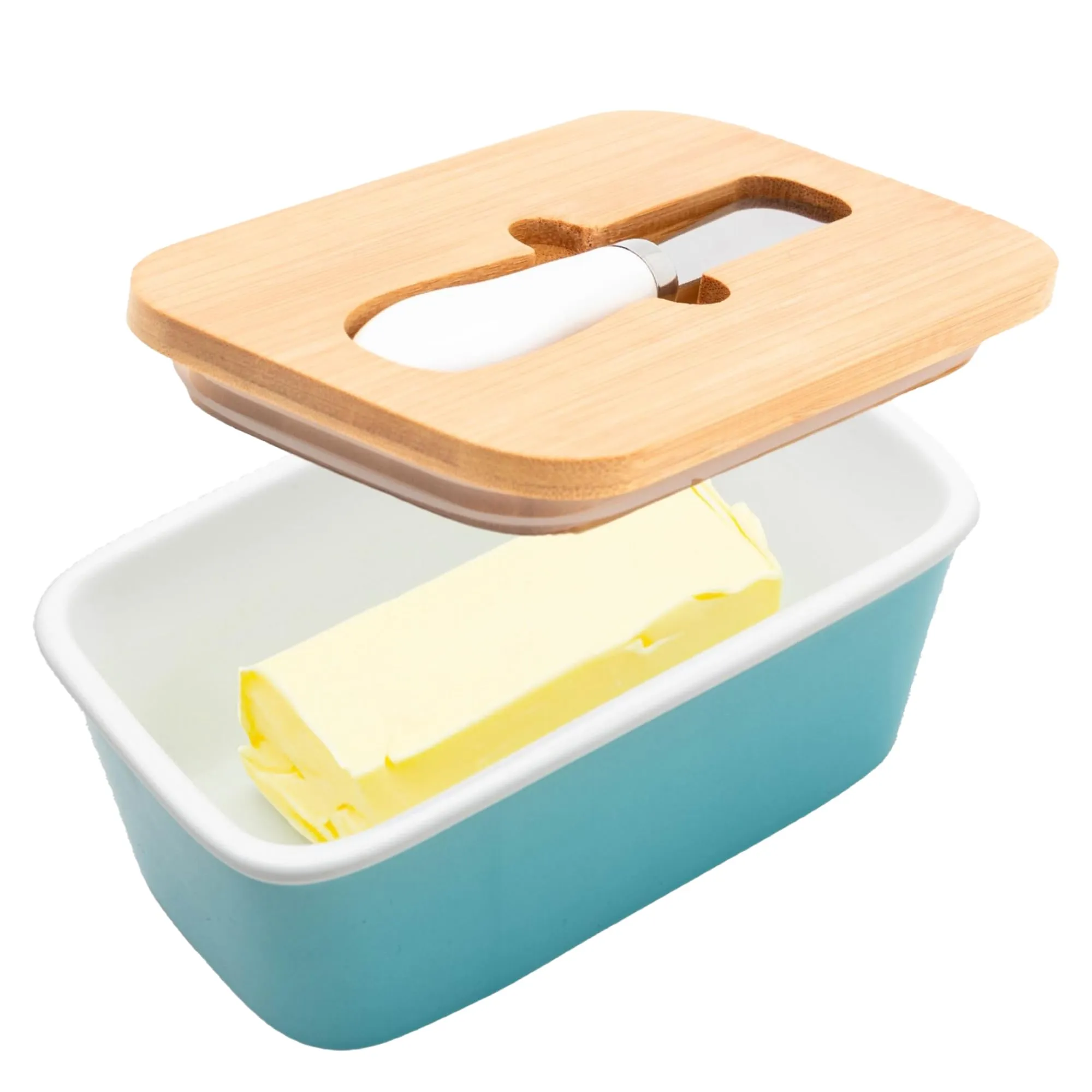 UMAI Ceramic Butter Dish with Lid & Knife (600ml) | Butter Box for Fridge | Wooden Airtight Lid with Sealed Silicone Ring | Butter Container | Cheese Box for Fridge| Butter Holder/Case (Light Blue)