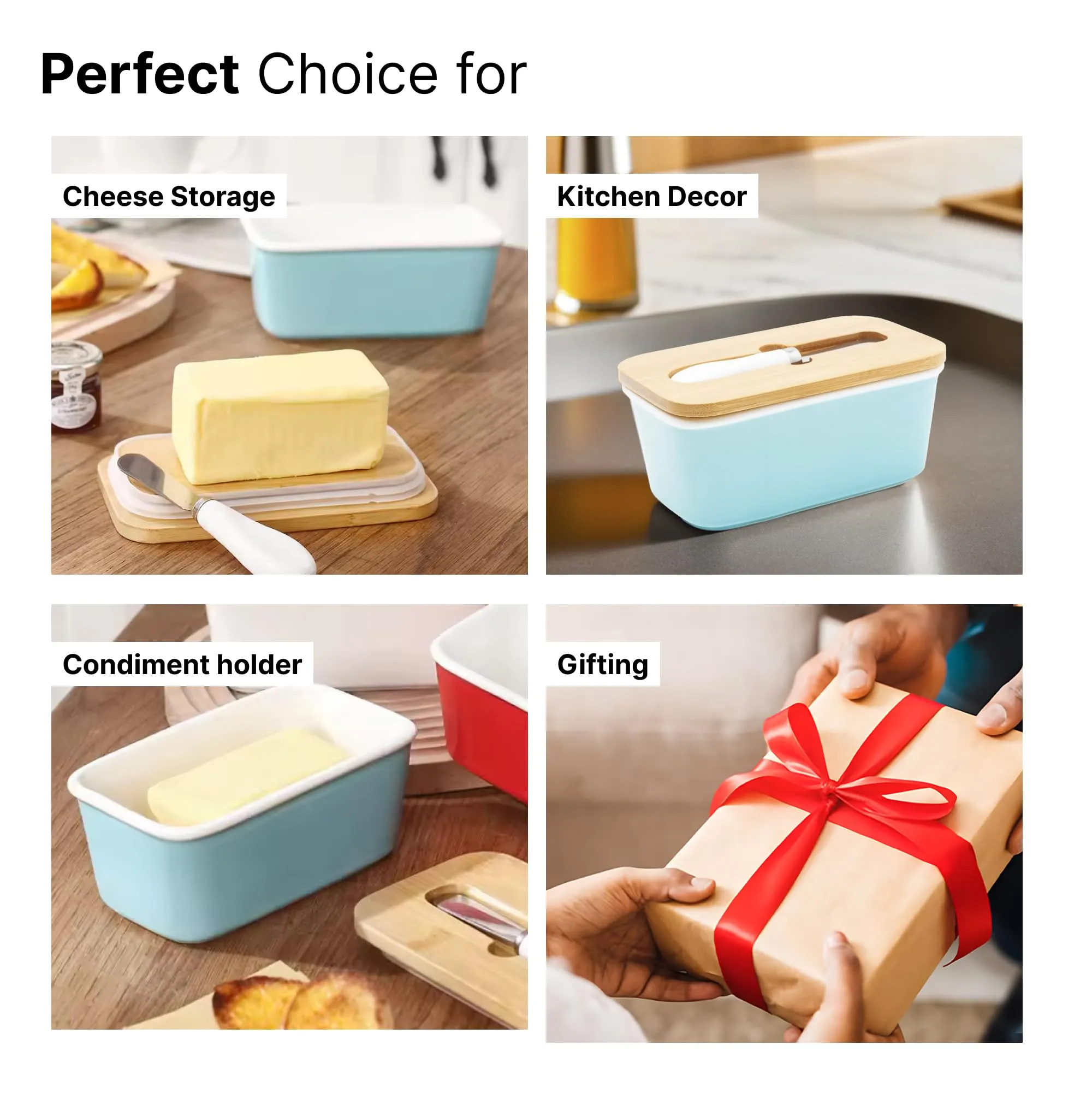 UMAI Ceramic Butter Dish with Lid & Knife (600ml) | Butter Box for Fridge | Wooden Airtight Lid with Sealed Silicone Ring | Butter Container | Cheese Box for Fridge| Butter Holder/Case (Light Blue)