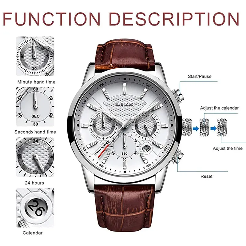 Watches Mens New LIGE Top Brand Luxury Casual Leather Quartz Men's Watch Business Clock Male Sports Waterproof Date Chronograph