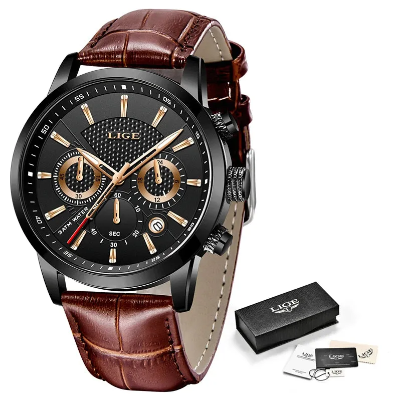 Watches Mens New LIGE Top Brand Luxury Casual Leather Quartz Men's Watch Business Clock Male Sports Waterproof Date Chronograph