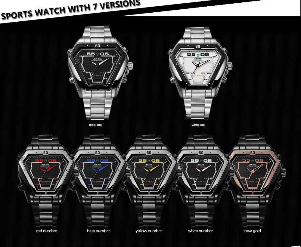 WEIDE Men Watch Stainless Steel LED Digital Quartz Multi-function Waterproof Casual Sports Watches Man Dress Wristwatches