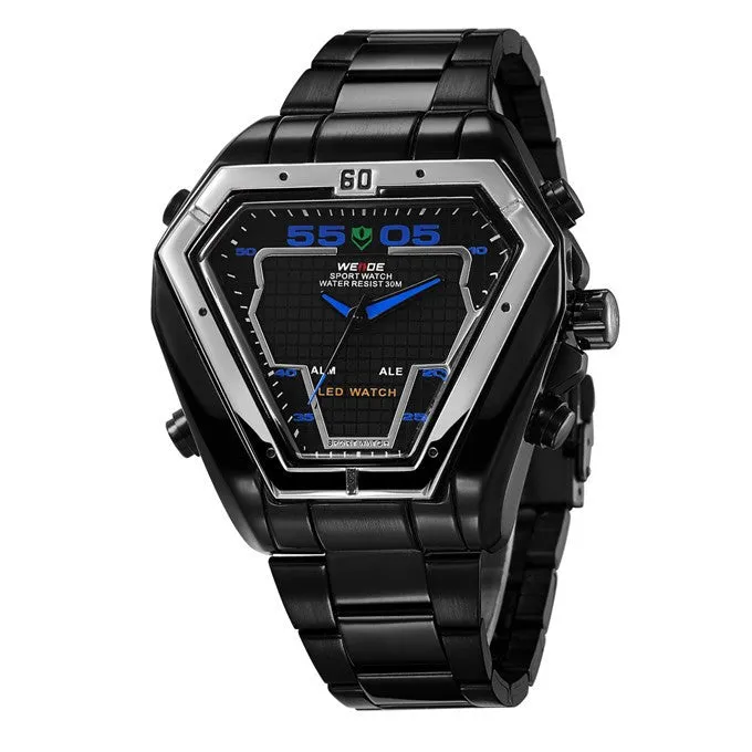 WEIDE Men Watch Stainless Steel LED Digital Quartz Multi-function Waterproof Casual Sports Watches Man Dress Wristwatches