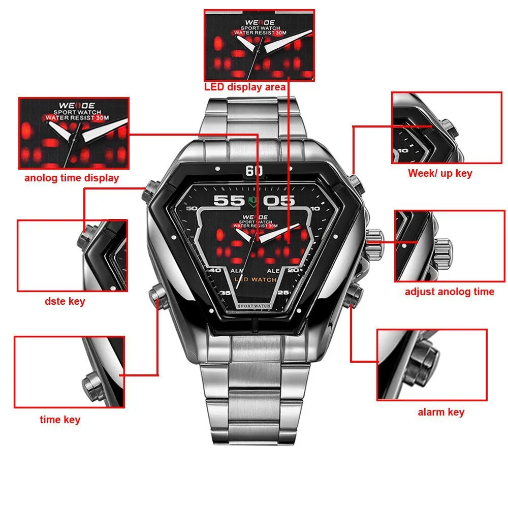 WEIDE Men Watch Stainless Steel LED Digital Quartz Multi-function Waterproof Casual Sports Watches Man Dress Wristwatches