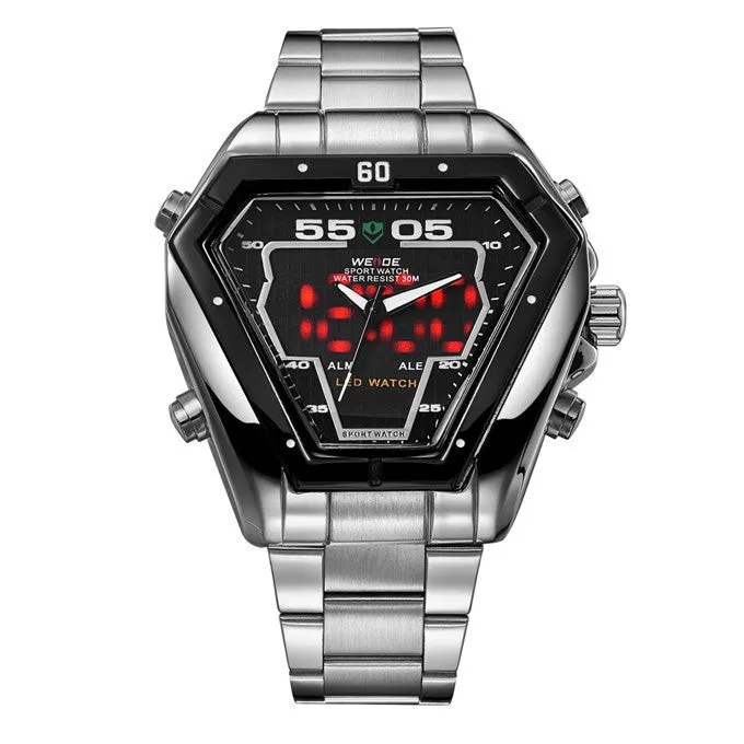 WEIDE Men Watch Stainless Steel LED Digital Quartz Multi-function Waterproof Casual Sports Watches Man Dress Wristwatches