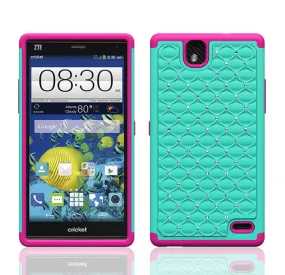 ZTE Grand X Max | Z787 Rhinestone Case , Slim Hybrid Dual Layer[Shock Resistant] Crystal Rhinestone Studded Case Cover - Teal/Hot Pink