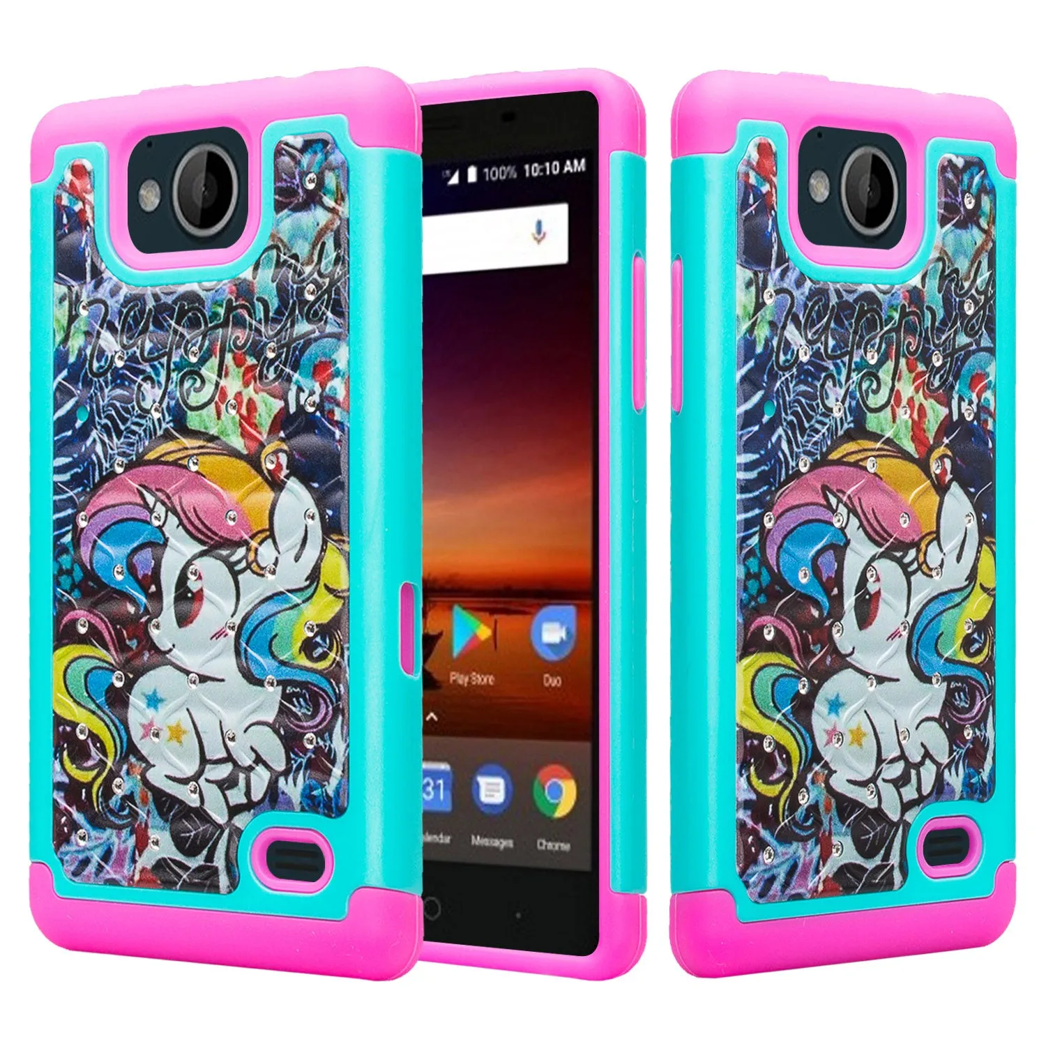 ZTE Majesty Pro Case, ZTE Tempo, Z799VL, N9131, Slim Hybrid Crystal Rhinestone Dual Layer [Shock Resistant] Protective Cover - Rainbow Unicorn