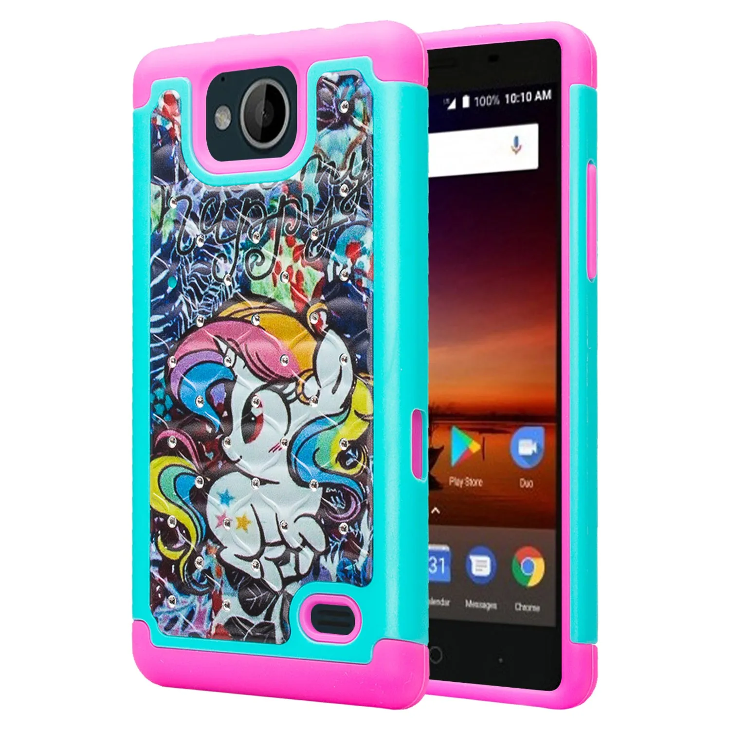 ZTE Majesty Pro Case, ZTE Tempo, Z799VL, N9131, Slim Hybrid Crystal Rhinestone Dual Layer [Shock Resistant] Protective Cover - Rainbow Unicorn