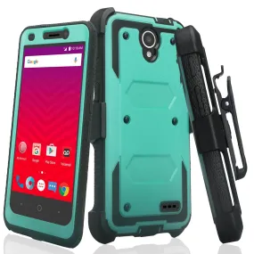 ZTE Prestige Case, Sonata 3, ZTE Avid Plus, ZTE Avid Trio, ZFive 2, Midnight Pro, Maven 2, Cheers, Rugged [Built-in Screen Protector] Heavy Duty Holster Shell Combo Case Cover - Teal